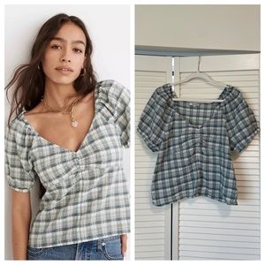 Madewell plaid puff-sleeve ruched bodice top